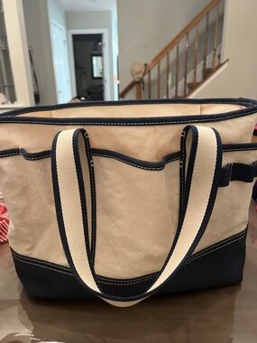 J. Crew Cream Canvas Tote with Navy Trim
